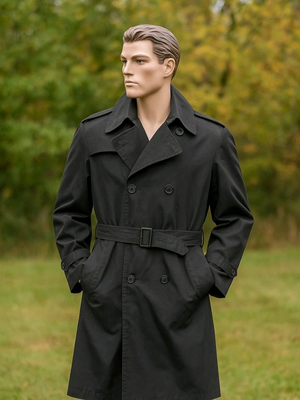 Men's Black Double-Breasted Trench Coat with Belt